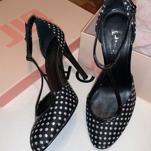 Polka Dot Pumps, Mauve JLo heels, ankle strap with teardrop strap vamp, 5.5